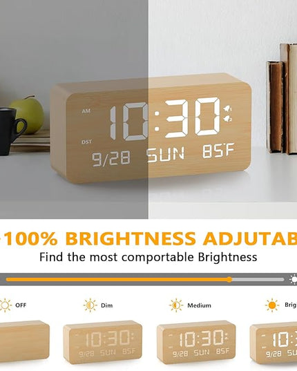 Fomobest Wooden Digital Alarm Clock for Bedroom -Desk Clock with Date, Day of Week, Temperature, Dual Alarms, Dimmer, USB Port Charge, DST, Adjustable Volume for Living Room/Office Wood Decor (Bamboo)