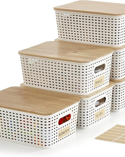 Small Plastic Storage Bins with Bamboo Lids 5.2qt Stackable Box Basket Pantry Decorative Containers Cute with Lable for Organizing Desktop Closet Office Cream White of 6 packs 10*7.2*4.1'’