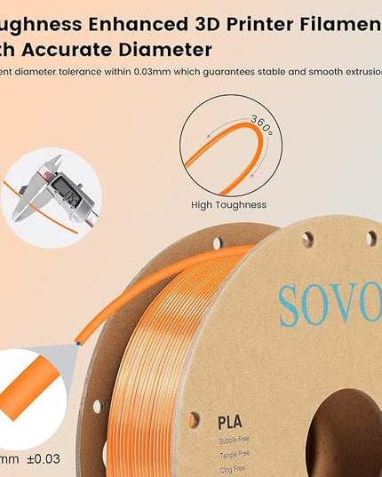 Sovol Dual Color PLA Filament 1.75mm, Silk PLA 3D Printing Material, Dual Color Filament Orange + Light Blue 2 in 1 Coextrusion PLA Filament +/-0.03mm, 1kg/2.2lbs