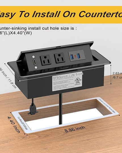 Recessed Power Strip, HDMI Pop Up Power Cover Box Desktop Socket with PD 20W USB C Charging Ports, Stainless Steel Receptacle Outlet for Conference Room Countertop (Black)