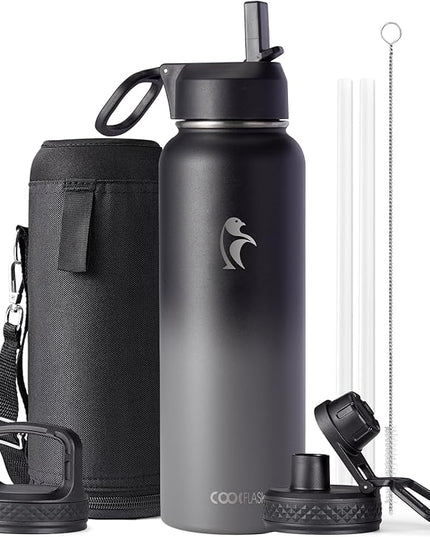 Water Bottle 40 oz Insulated with Straw&Brush, Coolflask Vaccum Stainless Steel Metal 3 Lids Water Flask for Sports, Gym or Office, Keep Cold 48H Hot 24H, Piano Night