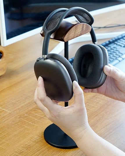 GEVO Headphone Stand for Desk, Walnut Wood & Aluminum Headset Stand, Universal Walnut Gaming Headset Holder with Solid Heavy Base for AirPod Max, Bose, Sony All Headphone Sizes (Circular Base)