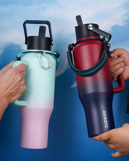 BJPKPK Insulated Water Bottles with Straw Lid, 35oz Metal Water Bottle with 2 lids & Paracord Strap, Double Wall Stainless Steel Vacuum Tumblers, Cups, Mugs, Thermo for Hot& Cold Drinks, Marshmallow