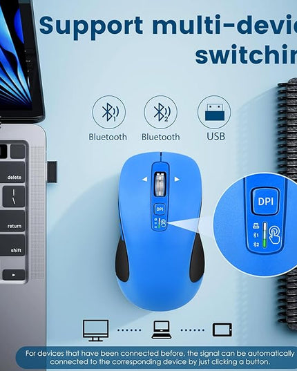 Wireless Bluetooth Mouse (USB + BT1 + BT2), Full Size, 4-Way Scrolling, Multi-Device Silent Mouse for Computer, Laptop, iPad, MacBook (Blue)