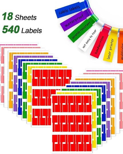 540 Pcs Cable Labels Tags for Cable Management, 9 Colors Cord Paper Ideniication Tags for Electronics, Waterproof Labeling Wire, Self Adhesive Tear Resistant Wire Labels Laser Printer & Handwriting