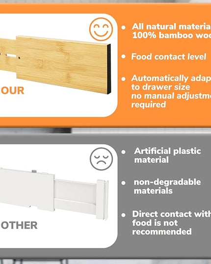BAMEOS 4" High Bamboo Drawer Dividers - Adjustable Small Drawer Organizer - Kitchen, Dresser, Bathroom, Bedroom & Office - 4-pack
