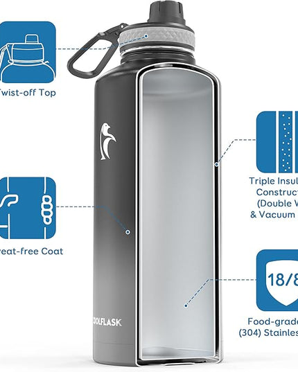 Coolflask Water Bottle 87 oz with Straw, 2/3 Gallon Insulated Stainless Steel 3 Lids Large Water Jug Wide Mouth for Sports or Office, Non-BPA Keep Cold Up to 48 Hrs or Hot Up to 24 Hrs, Piano Night