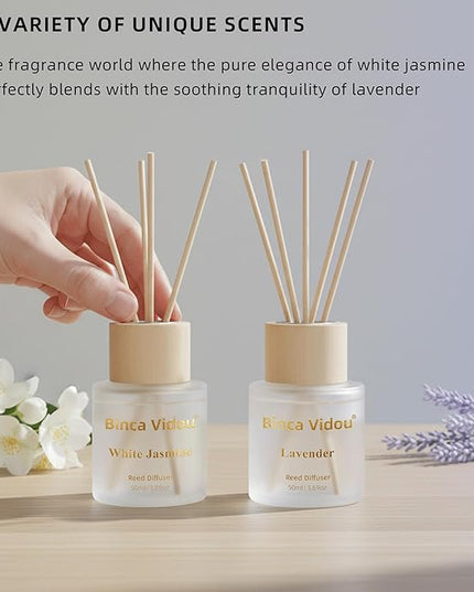Reed Diffuser Set, Binca Vidou Lavender & White Jasmine Natural Scent Oil Diffusers with Sticks for Home Office Bathroom Aromatherapy Decor 1.69oz x 2