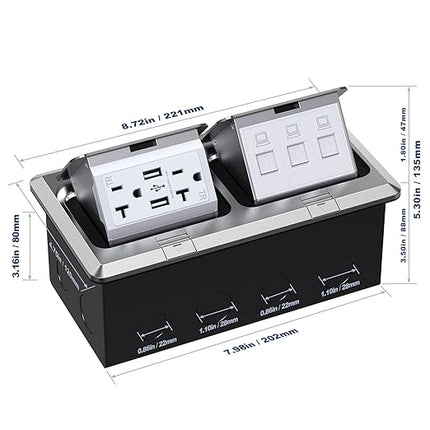 KYHSHJ Dual Pop-Up Floor Electrical Outlet Box Kit，20 Amp Stainless Steel USB TR Receptacle Outlet，3-Port RJ45 Datacom Receptacle，Waterproof Gasket with IP44 Waterproof Rating，ETL Listed, Silver