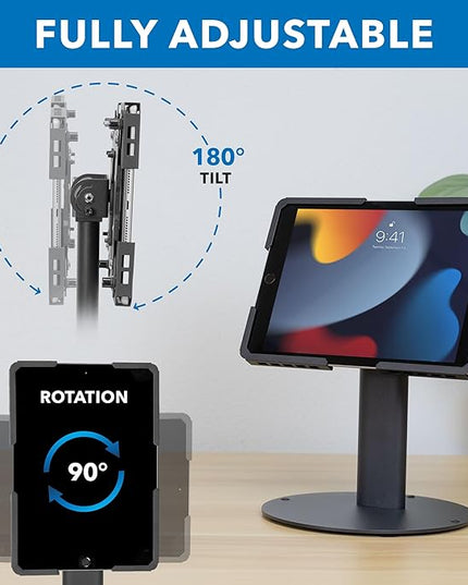 Mount-It! Universal Tablet Stand with Tilt, Anti-Theft Retail iPad POS Kiosk Stand, Fits Tablets from 9.7" to 13" Screen Size, 90° Rotation for Portrait and Horizontal Viewing, Durable Steel, Black