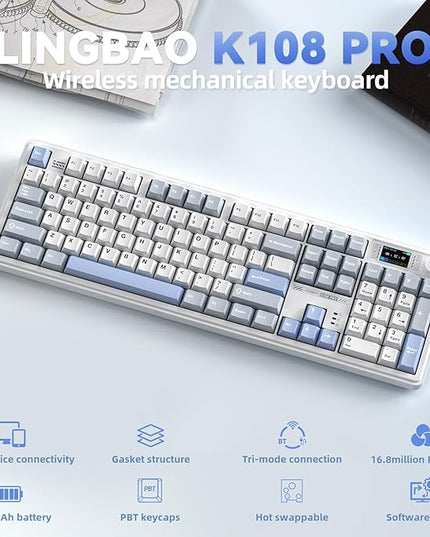 LINGBAO K108 Pro Wireless Mechanical Keyboard with Screen & Knob, Full Size Creamy Keyboard with Number Pad, 10000mAh Battery, PBT Keycaps, RGB Backlit, Hot-swappable Gaming Keyboards