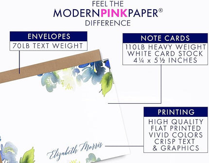 Personalized Floral Stationary with Envelopes, FLAT OR FOLDED, Watercolor Floral Stationery Set for Women, Blue and Green Personalized Floral Notecards with Envelopes, Choice of Colors and Quantity
