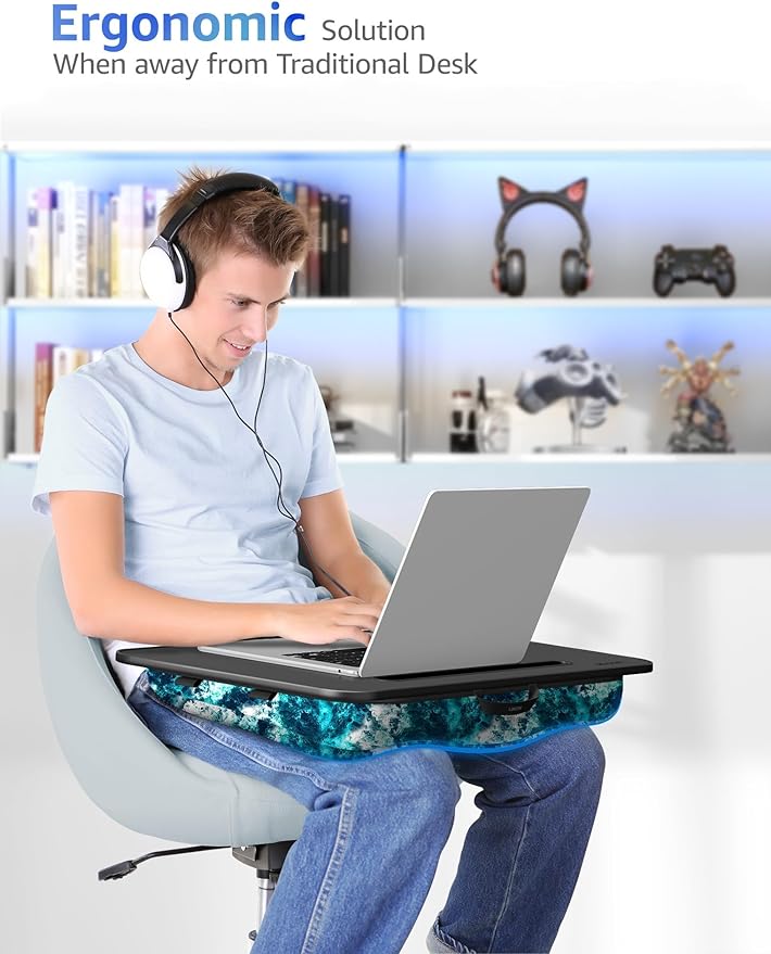 Lap Desk – L.DOCTOR Cushioned Lap Desks, Portable Laptop Desk for Bed, Couch & Floor, Washable Cushion, Built-in Phone & Tablet Slot, Fits 17.3" Laptop – Working, Writing, Gaming – Large, Blue Waves