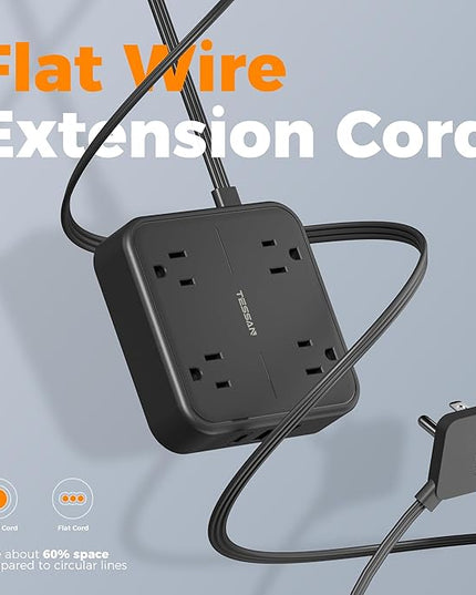 Surge Protector Flat Extension Cord 15FT, TESSAN Flat Plug Power Strip with 4 Outlets 3 USB C Ports (1 USB C), 900 Joules Protection, Multiple Wall Outlet Extender Suitable for Home Office Dorm, Black