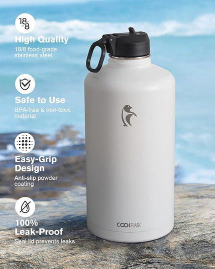 Coolflask 128 oz Gallon Water Bottle Insulated with Straw &3 Lids, Water Jug Large Stainless Steel Metal Vacuum Wide Mouth for Sports, Gym or Office, Non-BPA Keep Cold 48H Hot 24H, White