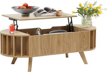 Janmer Home Small Lift Top Coffee Table with Storage, 47.3" Mid Century Modern Curved Coffee Table, Oval Center Table with Lift Tabletop for Living Room, Office (Natural)