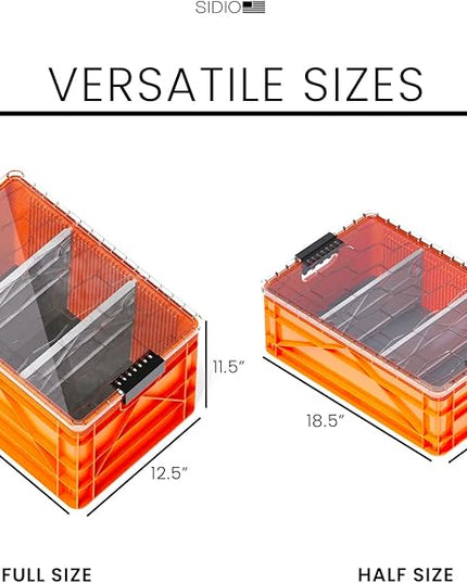 SIDIO Crate Pro Pack - 2 Full-Size & 1 Half-Size Heavy Duty Stackable Storage Bins, Totes and Containers with Lids and Dividers - Durable Plastic Organizer for Home, Office, Garage, and Outdoor Use