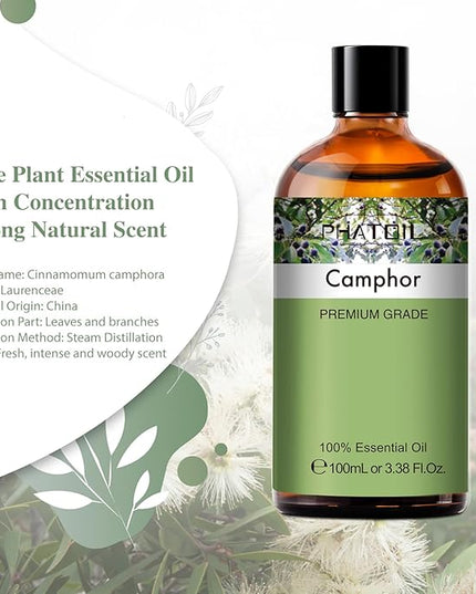 Camphor 3.38fl.oz Essential Oil, PHATOIL Aromatherapy Essential Oils for Diffuser, Humidifier, Perfect for DIY Soap, Candle, Bath Bombs Making(100ml)