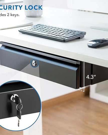 Mount-It! Under Desk Pull-Out Drawer with Lock and 2 Keys Included | Office Storage Organizer | Mounts to Desktops Tables and Workbenches Over 0.71 Inches Thick | Matte Black