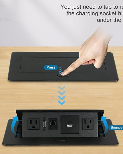 Hidden Pop-Up Outlet with 20W USB C Port Electrical Pop-Up Box Recessed Multimedia Strip Socket with 2 AC Outlets, USB A & USB C Ports with Outlet Network HDMI for The Conference Table (Black-B)