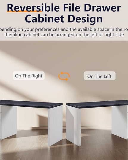JXQTLINGMU 60" Modern Executive Desk with Storage, Wood Home Office Desk with Drawer & Cabinet, Fluted Computer Writing Desk for Study, Living Room, Bedroom, Antique White