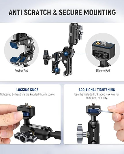 NEEWER Magic Arm Camera Mount, Overhead Desk Phone Mic Stand Holder, 22" Articulating Boom Arm C Clamp 1/4" 3/8" Threads for ARRI for Microphone Webcam Action Camera Video Light, Cleaning Cloth, UA057