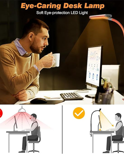 LED Desk Lamp for Office Home, Eye-Caring Desk Light with Stepless Dimming Adjustable Flexible Gooseneck, 10W USB Adapter Desk Lamp with Clamp for Reading, Study, Workbench (Orange)