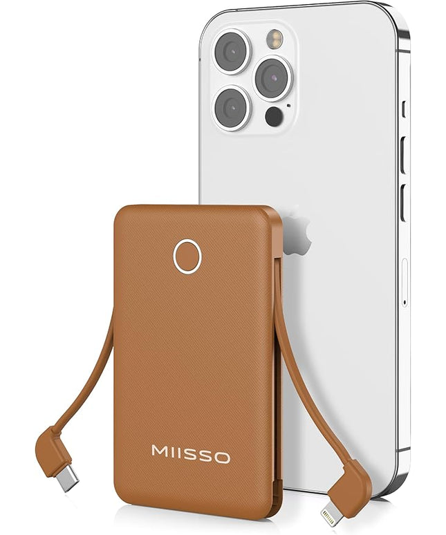 miisso 6000mah Ultra Slim Built in Cables Power Bank, Card Size Built in USB C Cords Battery Pack Portable Charger for Phones, 3 Output External Battery Pack Compatible with iPhone, Brown
