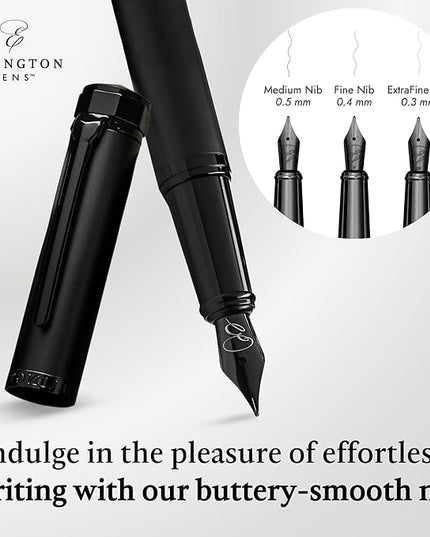 Ellington Pens Luxury Fountain Pen Set - Smooth Medium Nib - Includes 3 Ink Cartridges, Refillable Ink Converter, Gift Box - Fountain Pens For Writing, Calligraphy, Journaling, Sketching (The Stealth)