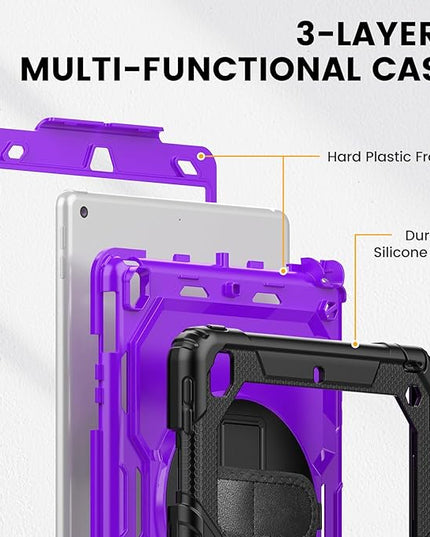 Timecity Case for iPad 9th/ 8th/ 7th Generation 10.2 inch - Heavy Duty Protective Cover with Screen Protector, Rotating Stand, Shoulder Strap & Pencil Holder | Kids-Friendly (Purple)