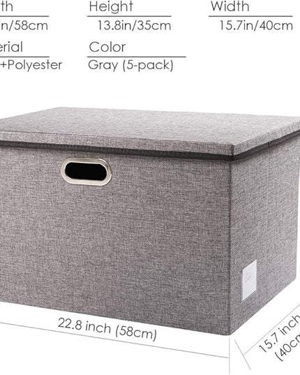 PRANDOM Extra Large Collapsible Storage Bins with Lids [5-Pack] Linen Fabric Foldable Storage Baskets Boxes Organizer Containers Cube with Cover for Bedroom Closet Office Nursery (22.8x15.75x13.8)