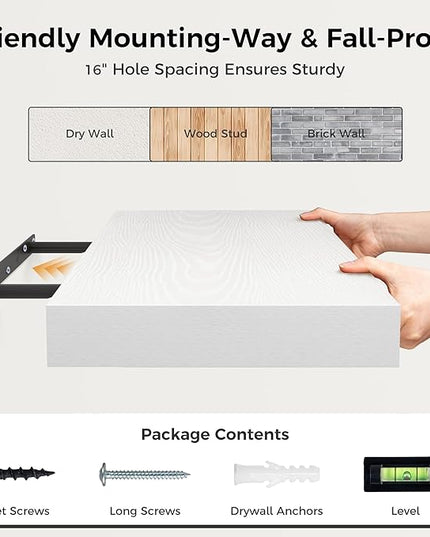 12 Inch Deep White Floating Shelves, 24 x 12 Floating Shelf for Books, Rustic Wood Deep Wall Shelves for Home Storage & Display, 2" Thicked Shelves for Kitchen, Living Room, Bedroom, 2 Pack