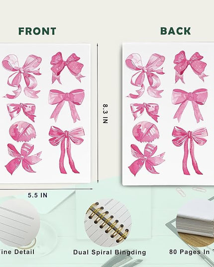 JKBMN Trendy Coquette Pink Bow Notebook Journal, Preppy Watercolor Bows Spiral Notebook, Cute Journaling Notebooks for Girls, Pink Office Supplies, Hardcover Spiral Notebooks College Ruled 5.5 x 8.3