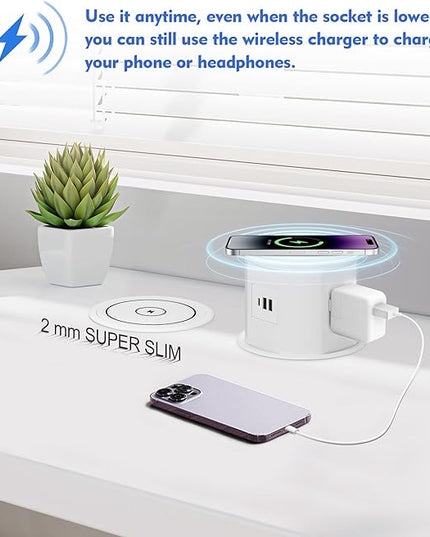 Pop Up Outlet for Countertop with 15w Wireless Charger, 4.7-Inch Pop Up Outlet with 4 Outlets and 2 USB-A, 1 USB-C, Pop Up Power Outlet for Kitchen Countertop, Conference Room, Study Room (White)