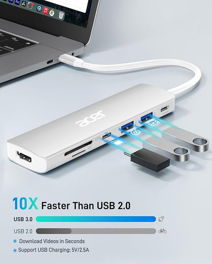 Acer USB C Dock, 7 in 1 USB-C to HDMI Hub, 2 USBA 3.1 GEN1 and 5Gbps Type-C Data Port, 4K HDMI Port, PD 100W Charging, SD Card Reader, for iPad Pro MacBook Pro Laptops and More (Silver)