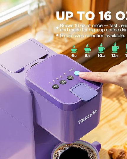 Single Serve Coffee Maker Hot and Iced with Bold Brew, Small Coffee Machine for K Cup and Ground, Fits 7.3'' Travel Mug, Brews up to 16 Oz, 5 Cup Sizes, Compact for Office, RV& Hotel, Lavender
