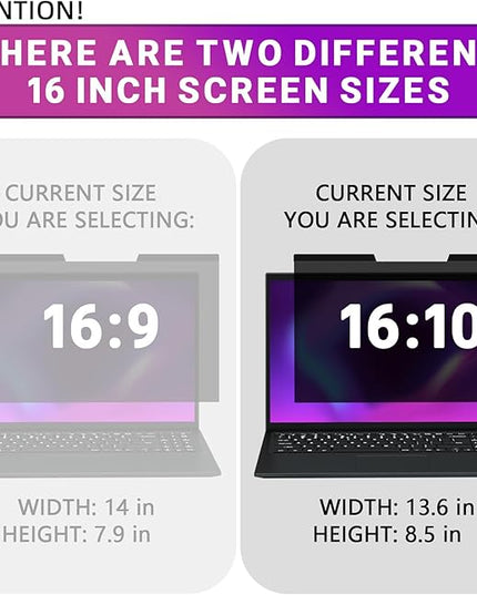 PYS Magnetic Laptop Privacy Screen 16 Inch 16:10 Ratio - Computer Monitor Screen Privacy Shield, Anti-Glare Blue Light Filter, Detachable Privacy Screen Protector for Lenovo, Hp Envy, Dell