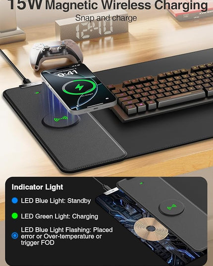 2-in-1 Mouse Pad with Magnetic Wireless Charging, Gaming Mouse Pad, 31.5"x11.8" Large Desk Mat for Laptop/Keyboard, Waterproof Smooth Surface, Non-Slip Base, No Adapter