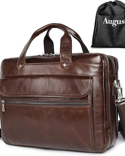 Augus Genuine Leather Mens Briefcase businessTravel Bags 15.6 Inch Laptop Bag YKK Zipper, Coffee