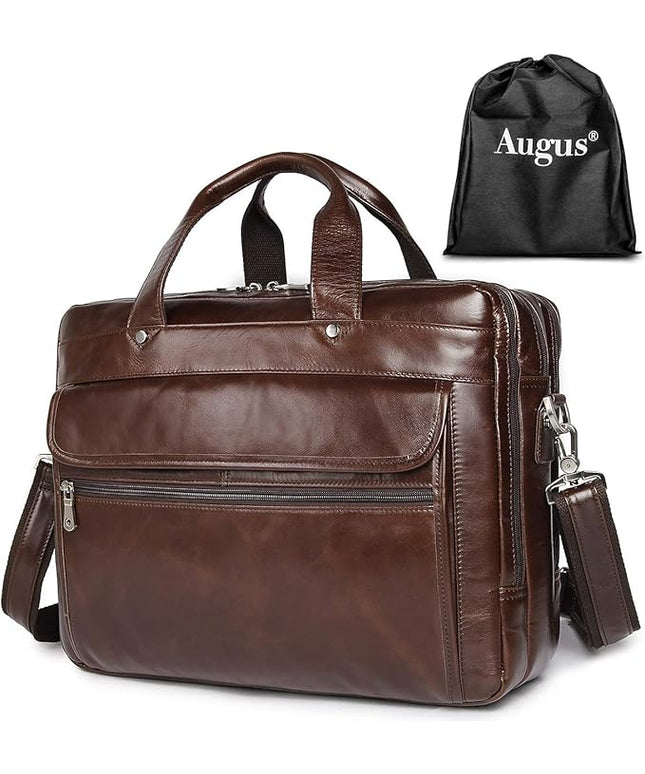 Augus Genuine Leather Mens Briefcase businessTravel Bags 15.6 Inch Laptop Bag YKK Zipper, Coffee