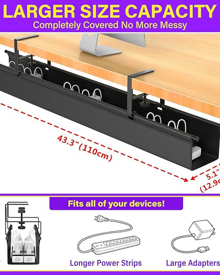 Large Under Desk Cable Management Tray, REFLYING 43.7" Cable Management Under Desk No Drill,Adjustable Clamp Cord Wire Organizer, Cord Hider for Standing Table, Wire Hider for Office,Home (Large)