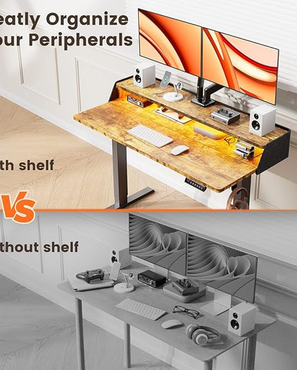 ErGear Standing Desk with LED Strip, 48″ x 24″ Electric Height Adjustable RGB Gaming Table with Shelf, Sit Stand Desk with Dual Cable Holes, C-Clamp Mount Compatible, 4 Preset Heights, Vintage Brown