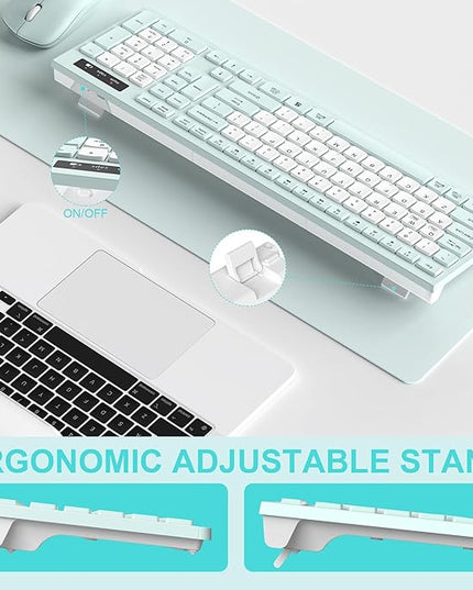 Silent Keyboard and Mouse Combo Wireless,ful-Sized Wireless Keyboard and Adjustable DPI Mouse, 2.4GHz USB Receiver, Keyboard and Mouse for PC, Windows, MAC, Desktop, Laptop (Mint Green-B)