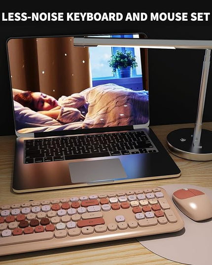 Wireless Keyboard and Mouse Combo, Colorful Ergonomic Full Size Retro Low-Noise Keyboard with Cute keycaps, Compatible with Windows, PC, Perfer for Home and Office Keyboards (Brown)