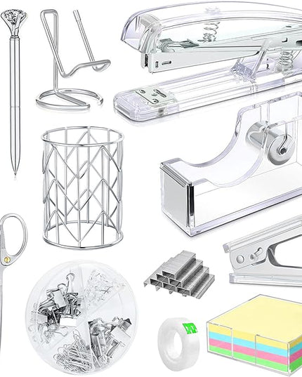 Office Desk Accessories, Acrylic Stapler, Staple Remover, Tape Holder, Pen Holder, Ballpoint Pen, Scissor, Binder Clips, 1000pcs Staples, Phone Holder, Ruler, Transparent Glue and 300 Notes