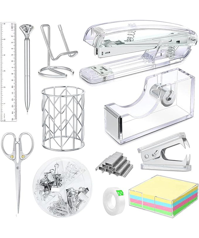 Office Desk Accessories, Acrylic Stapler, Staple Remover, Tape Holder, Pen Holder, Ballpoint Pen, Scissor, Binder Clips, 1000pcs Staples, Phone Holder, Ruler, Transparent Glue and 300 Notes