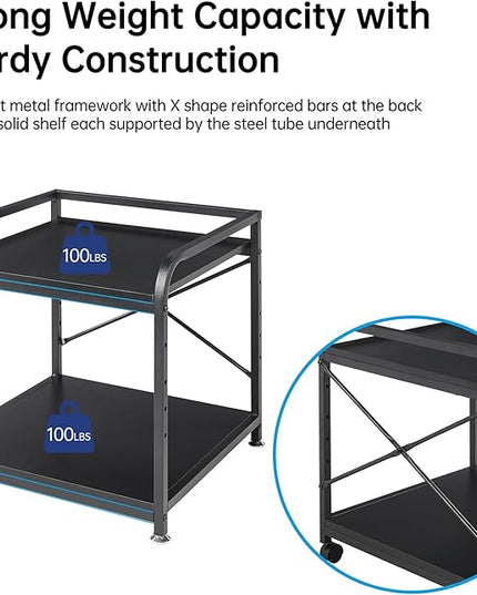 2 Tier Under Desk Printer Stand with Storage, 20 Inches Deep Large Printer Table with Height Adjustable Shelf, Rolling Printer Cart with Wheels for Home Office - Black