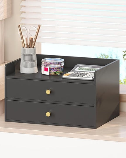 Bamboo Desk Organizer with Drawers Wooden Desktop Storage Drawers for Bills Office Supplies Kitchen Utensils Organizing Tool for Home Classroom Organization No Assembly (2 Drawers, Black)
