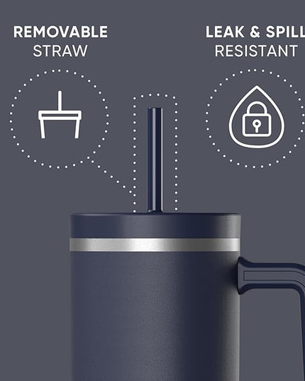 Hydrapeak Voyager 40 Oz Stainless Steel Tumbler with Handle, Insulated Water Bottle With Straw & Lid, Cupholder Friendly Reusable Travel Mug (Navy)