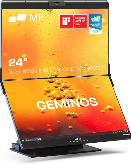 Mobile Pixels Geminos, Dual 24" IPS Stacked Computer Monitors with 65W USB-C Charging, with Adjustable Viewing Angle and 1080p Webcam and 3W Speakers, Multiport Docking Station (Desktop Monitor)